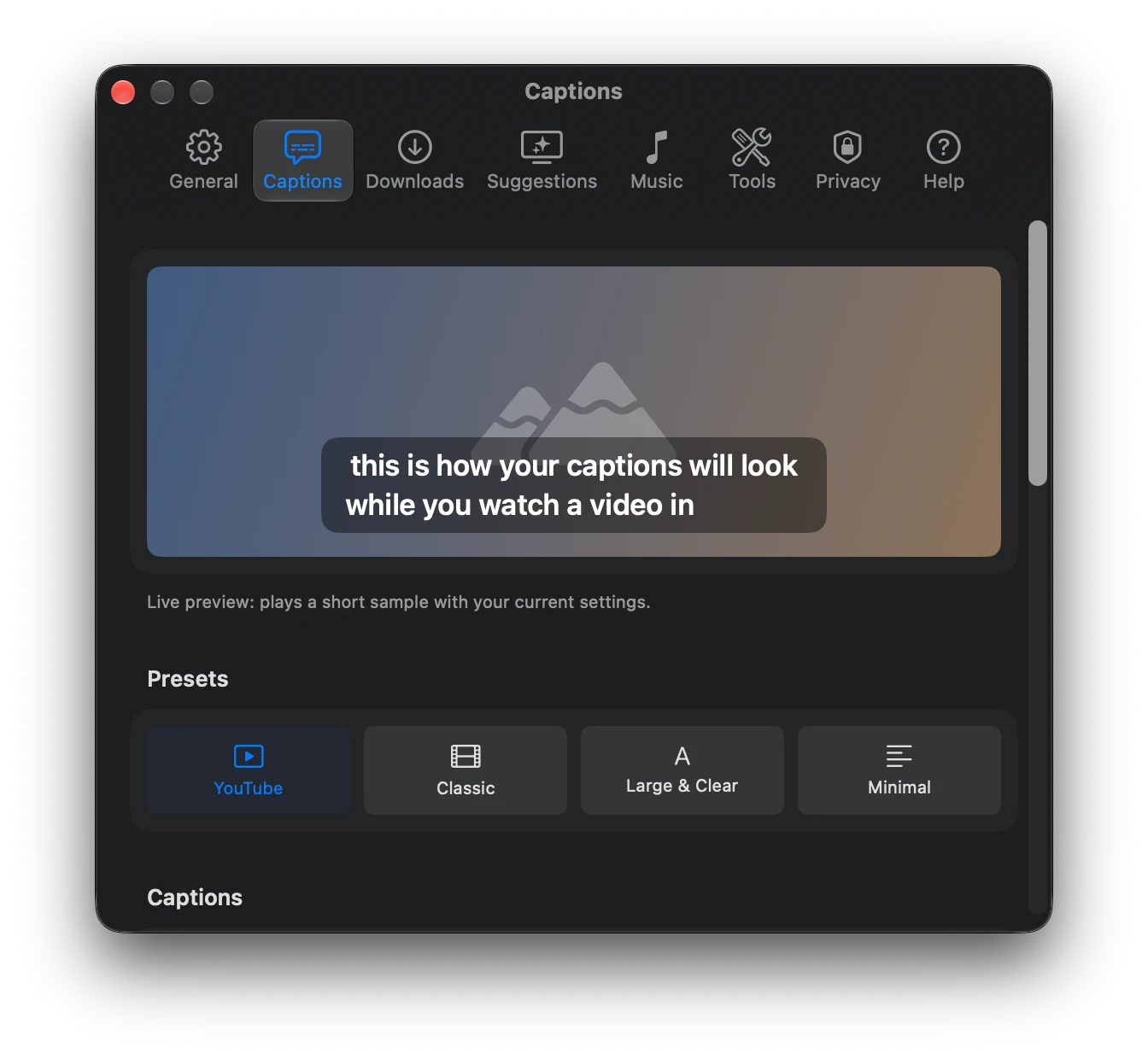 Settings, Captions tab: a live caption preview above the YouTube, Classic, Large & Clear and Minimal presets.