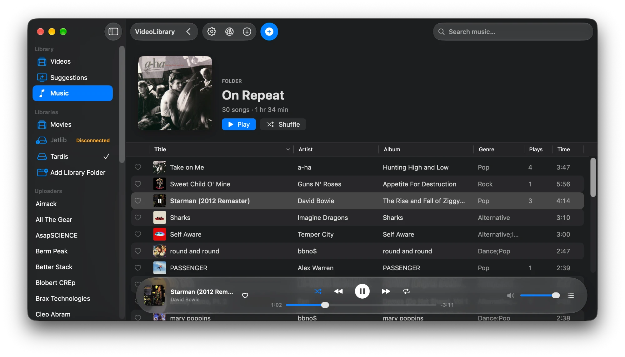 A Music folder playlist: cover art, Play and Shuffle, a song table with likes, artist, album and play counts, and the player bar at the bottom.